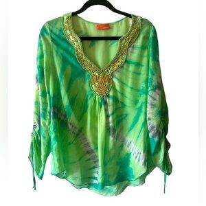 HALE BOB 100% Silk Green Beaded Semi Sheer Blouse Medium